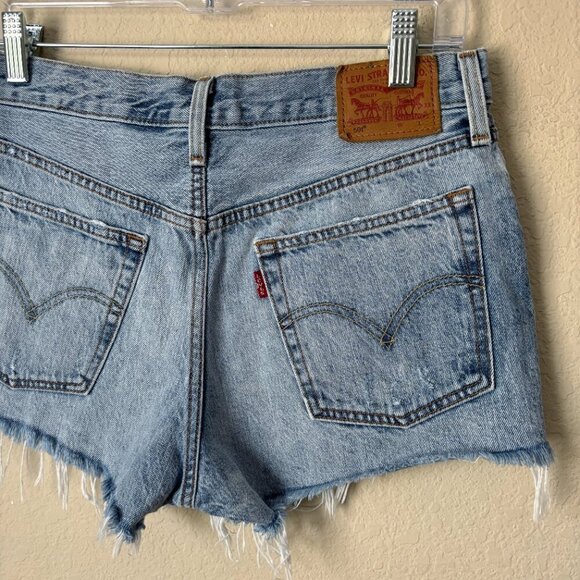 Levi's 501 High Rise Button Fly Distressed Frayed Hem Denim Shorts - Picture 6 of 10